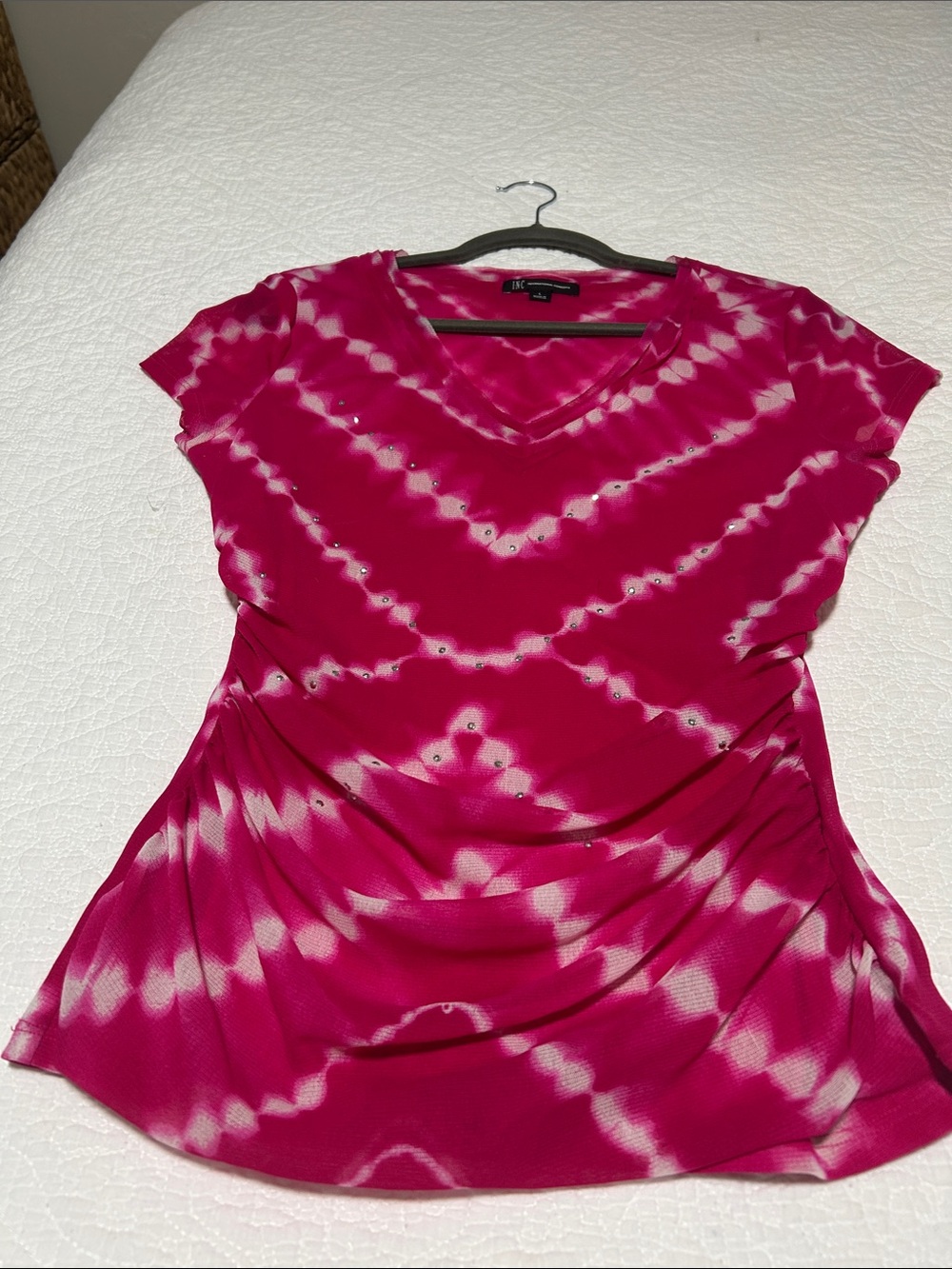 INC International Concepts Fuchsia and White Tie-Dye V-Neck Tee